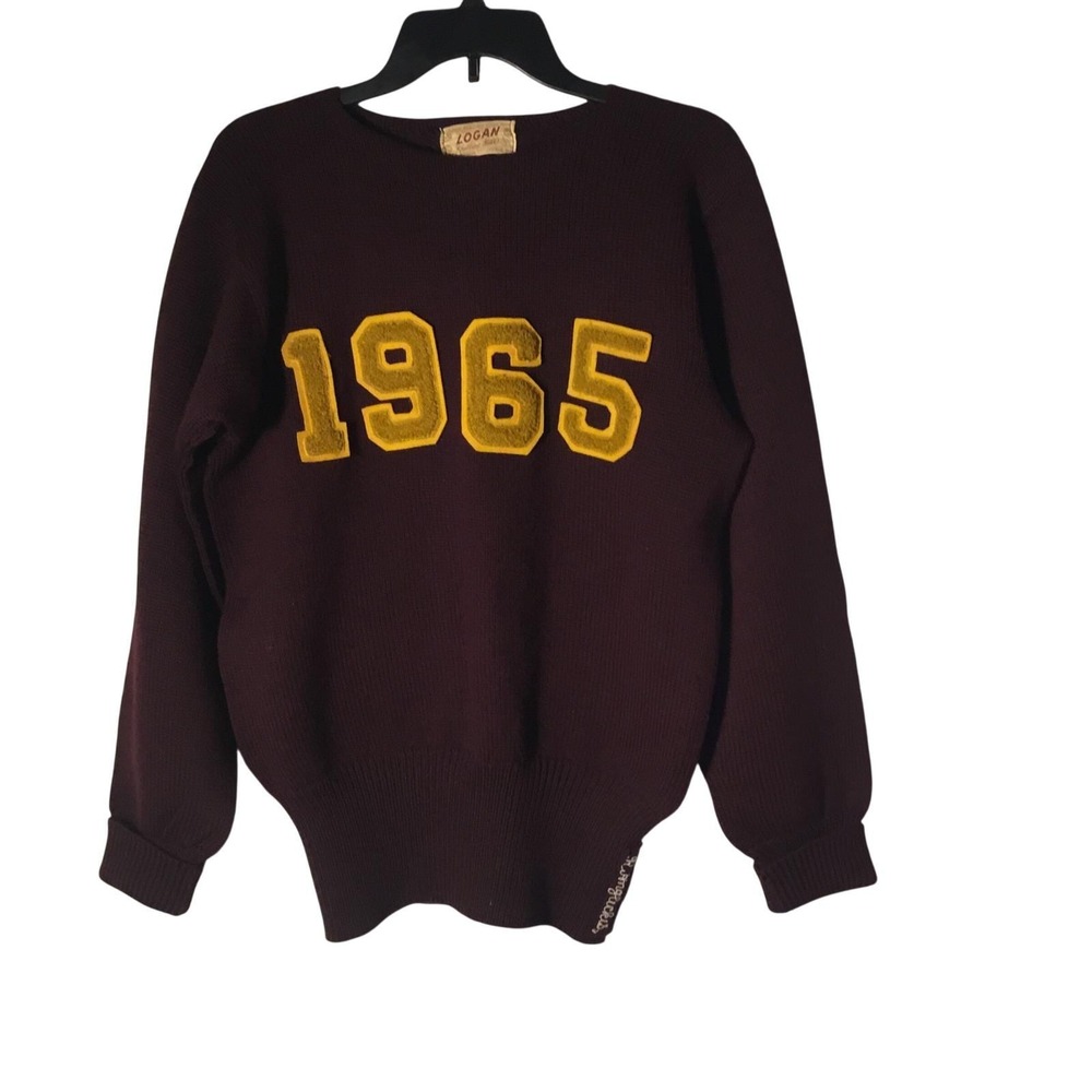 Vintage Logan Knitting Mills 1965 Wool Varsity Sweater Maroon Yellow Chenille L